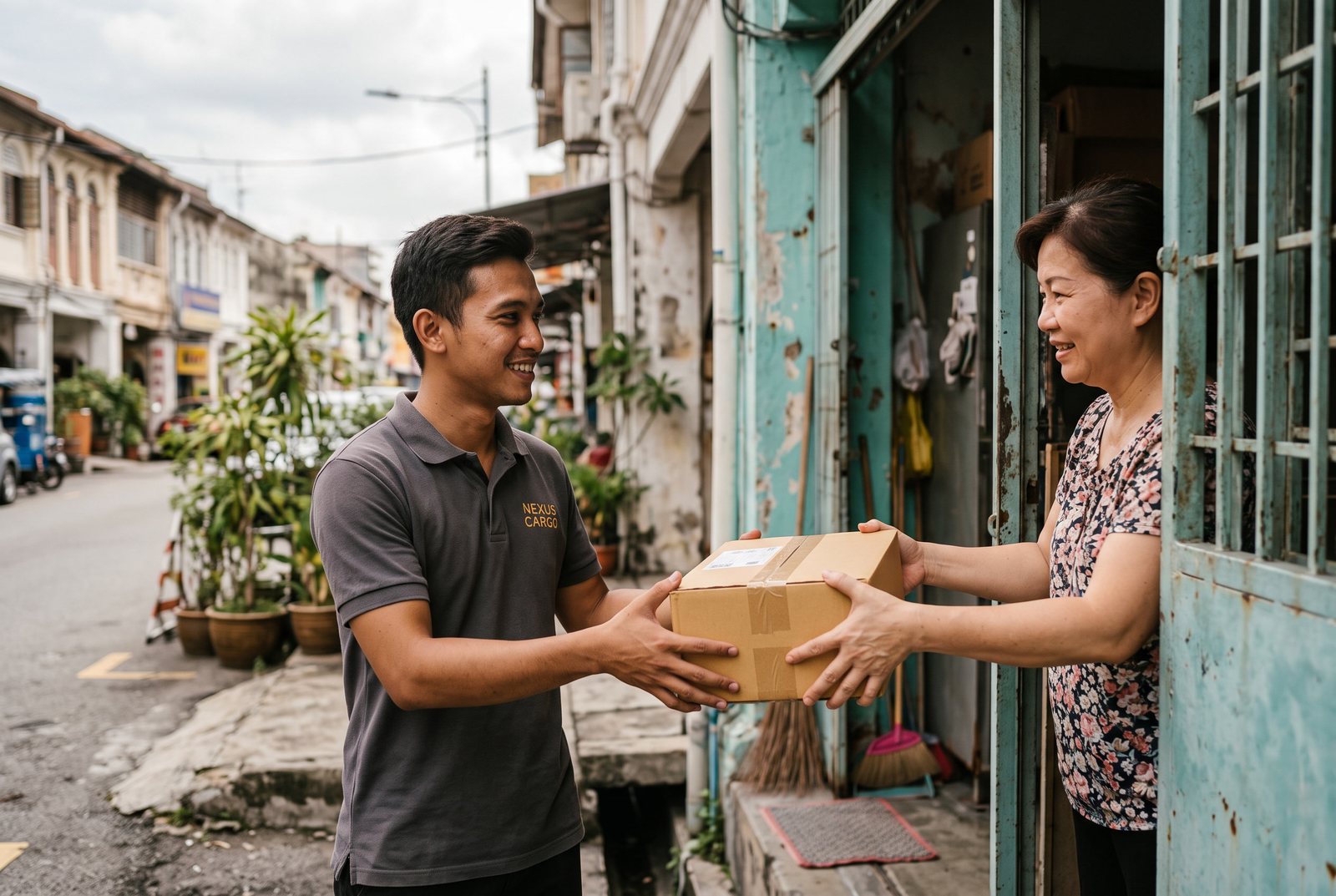 A Nexus Cargo driver collecting a parcel from a customer in Malaysia