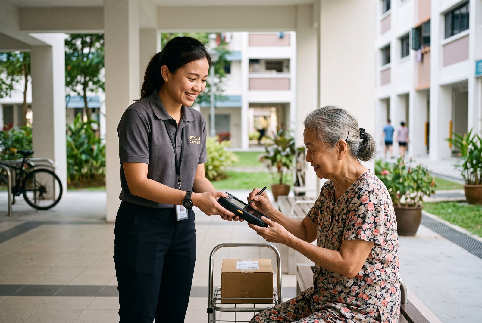 A Nexus Cargo driver getting a signature from a customer in Singapore