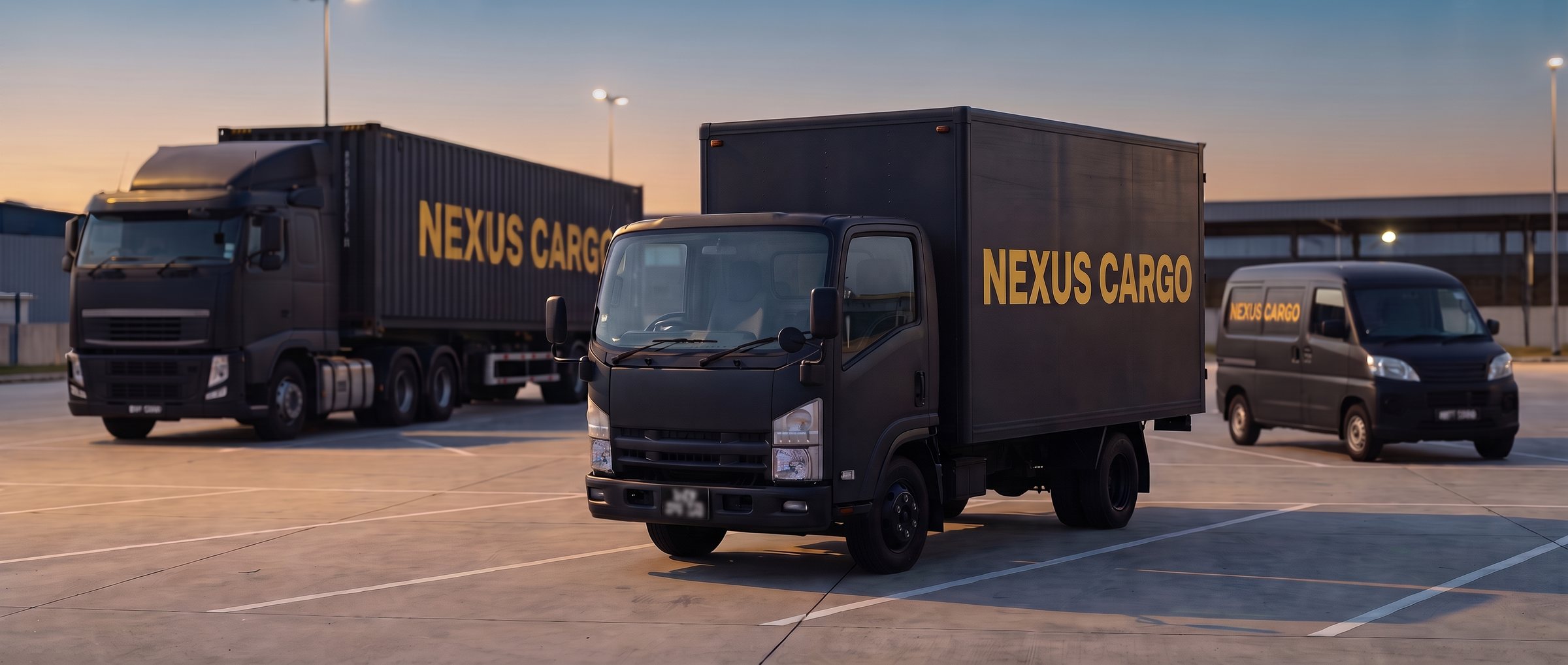 Nexus Cargo's mixed fleet — a box truck, a line-haul trailer and a delivery van — parked at the depot at dusk